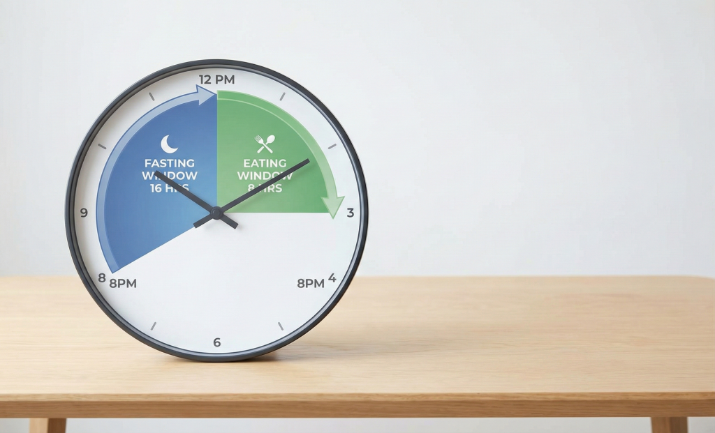 Clock showing fasting and eating windows for 16:8 intermittent fasting schedule