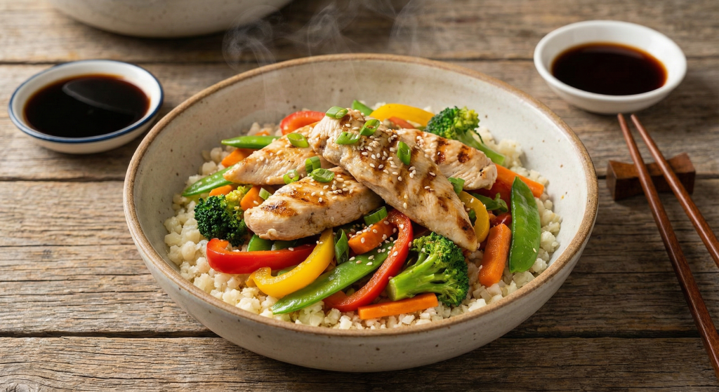 Grilled chicken and vegetable stir-fry in a bowl with cauliflower rice, showing colorful low-calorie high-protein meal