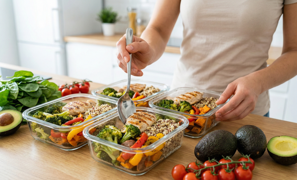 Person meal prepping healthy balanced meals in glass containers with vegetables, lean proteins, and whole grains for sustainable weight loss