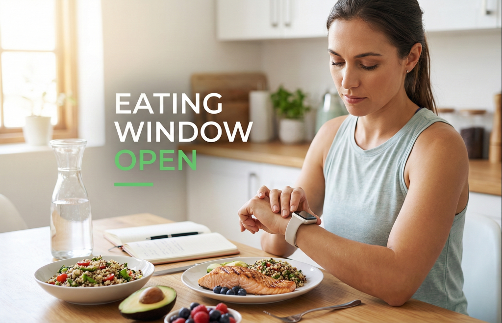 Woman checking watch before healthy meal during intermittent fasting eating window