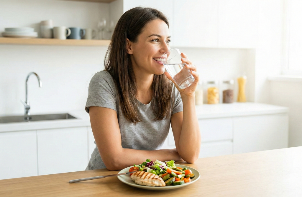 Woman drinking water before meal to reduce food cravings naturally