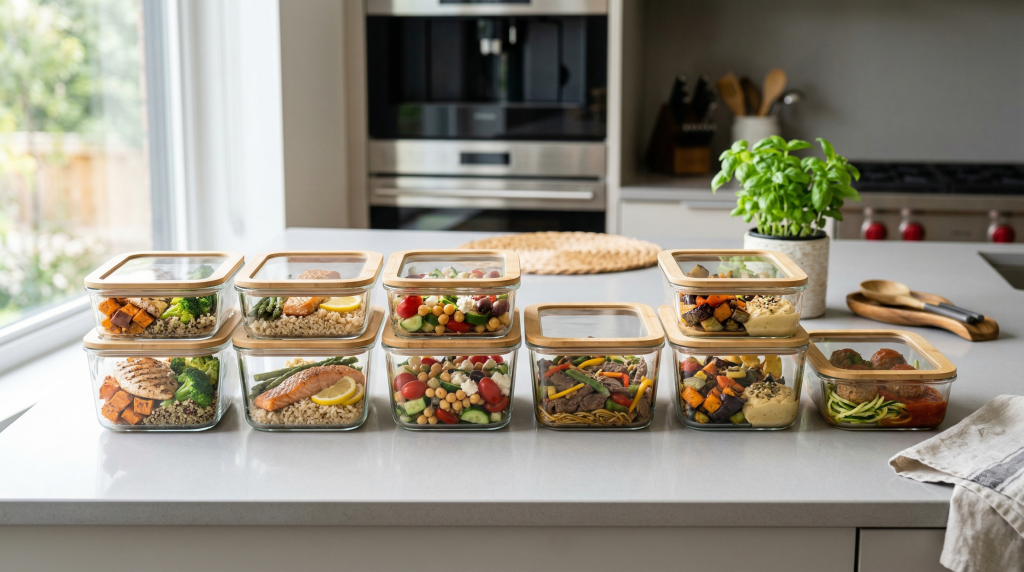 Organized glass meal prep containers filled with colorful healthy lunches and dinners on a kitchen counter