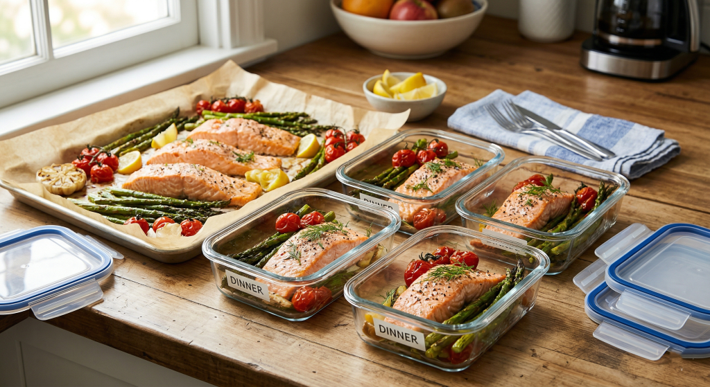 Sheet pan salmon with roasted asparagus and cherry tomatoes as a healthy meal prep dinner option