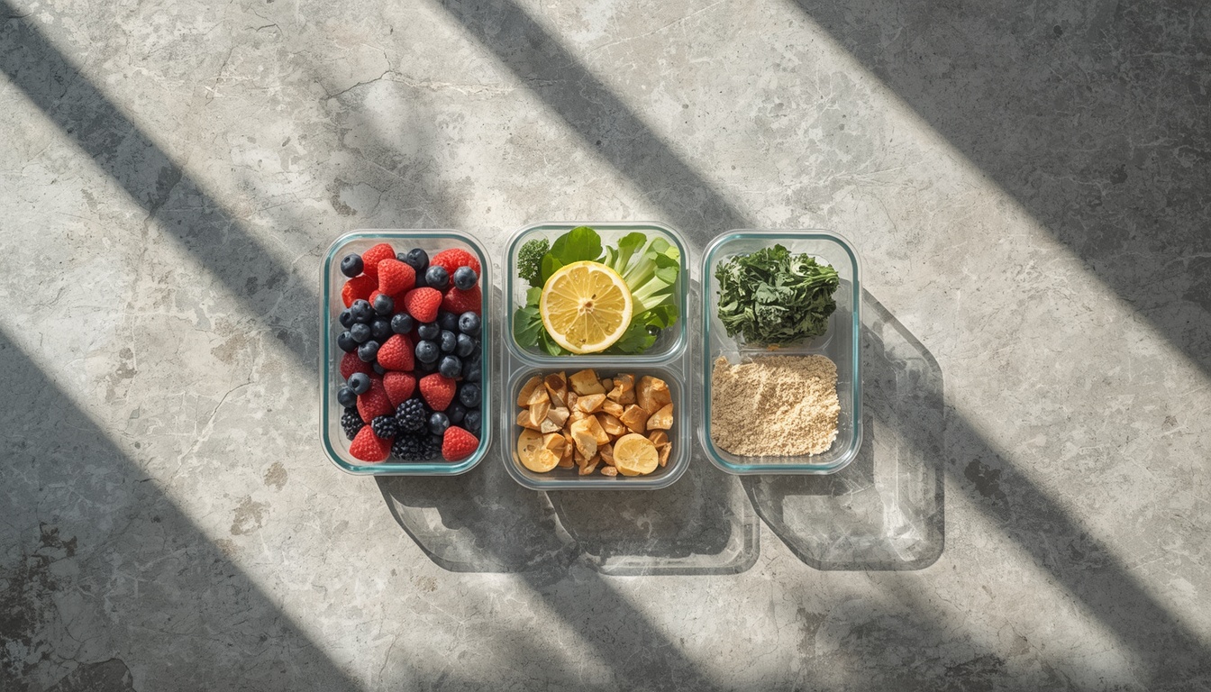 A beautiful arrangement of healthy meal prep in glass containers on a bright concrete countertop