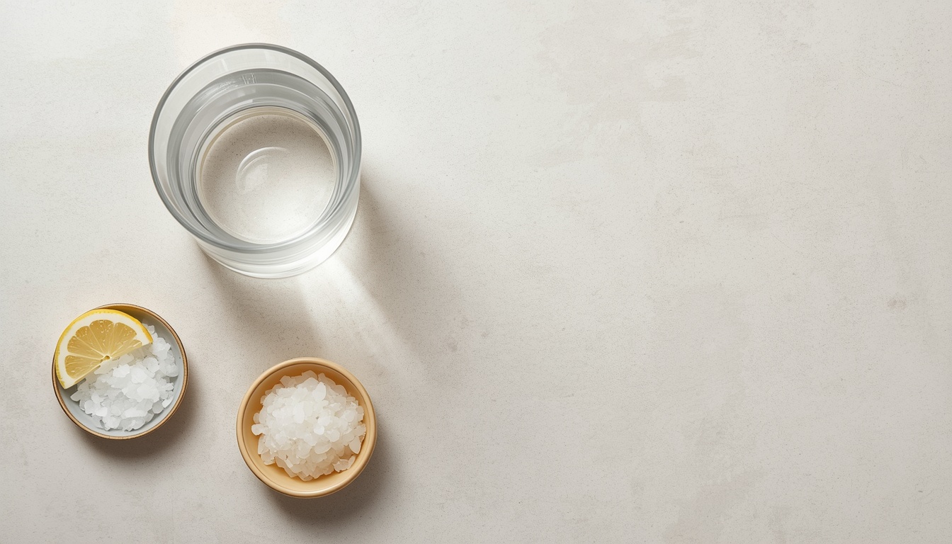 A clean flat-lay of a water glass, sea salt, and lemon representing hydration and electrolyte balance during fasting.
