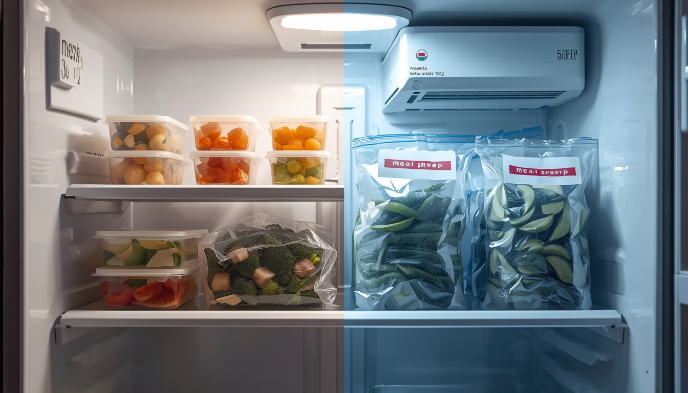 A comparison of refrigerated and frozen meal prep containers showing freshness