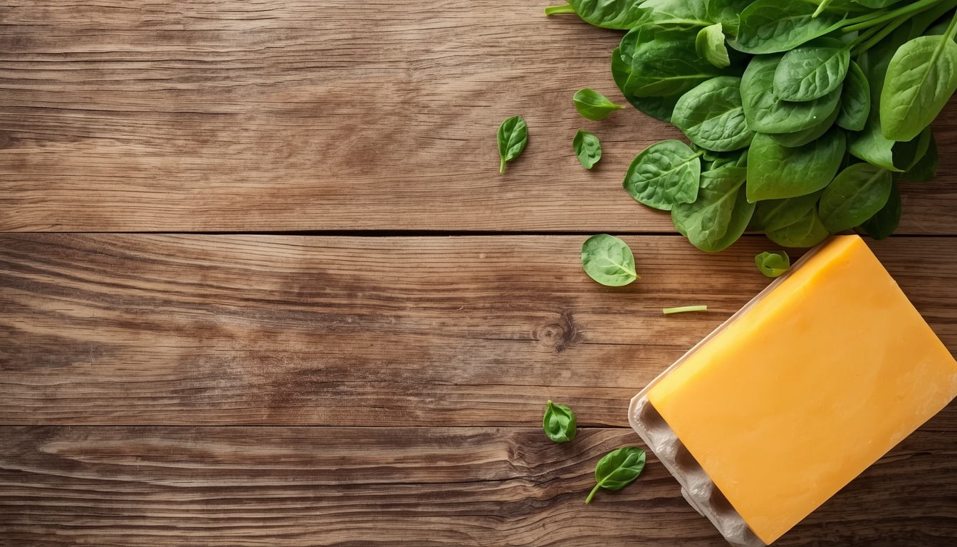 A flat lay arrangement of affordable keto ingredients like eggs cheddar cheese and fresh spinach on a rustic wooden background