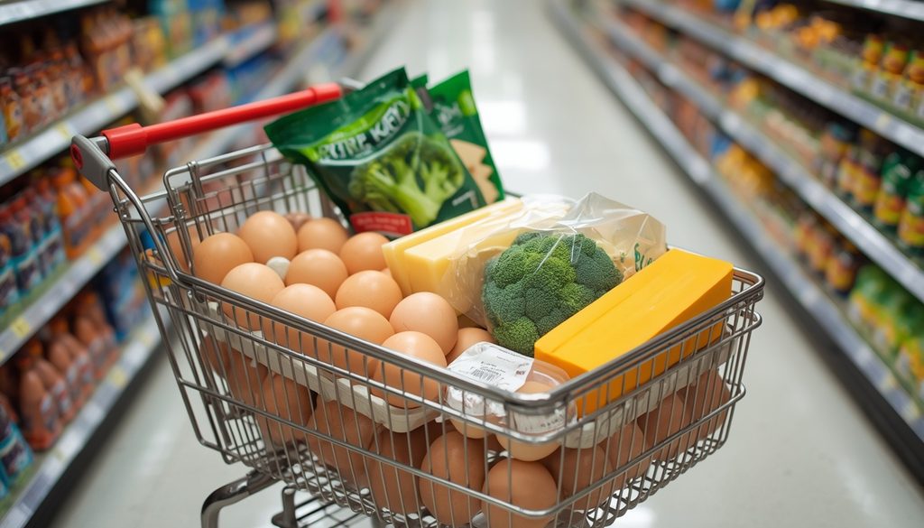 A grocery cart filled with budget friendly keto staples like eggs broccoli and butter