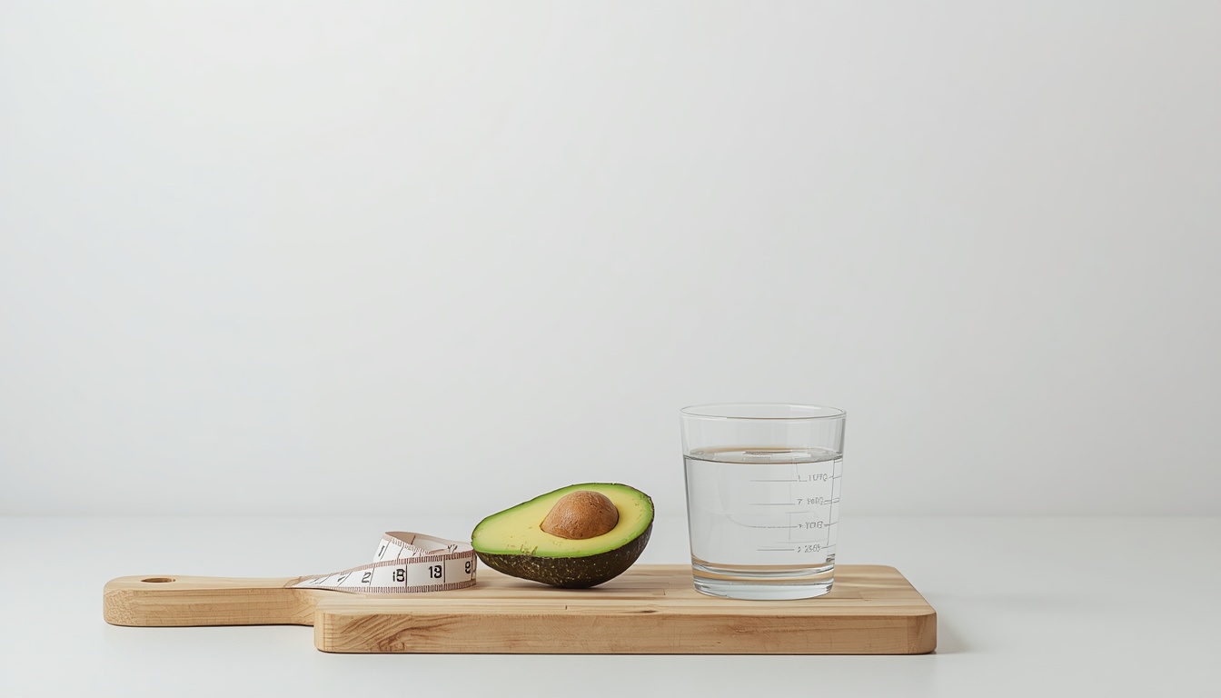 A half cut avocado and a measuring tape on a wooden cutting board with negative space above
