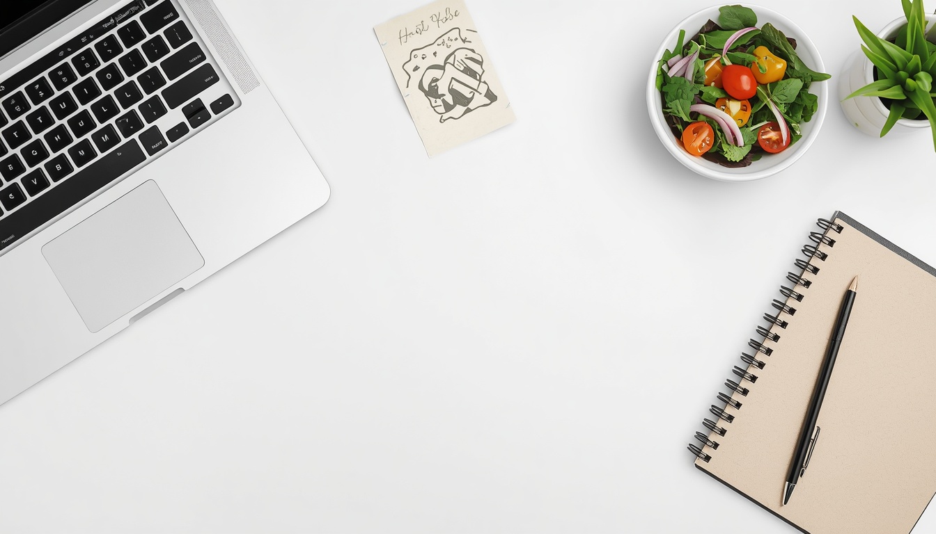 A professional office desk with a laptop and a healthy keto friendly salad bowl