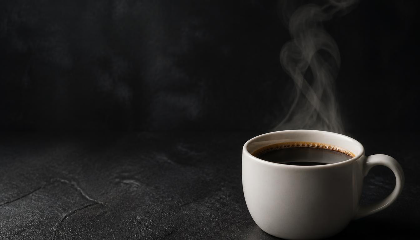 A steaming mug of pour-over black coffee on a dark rustic surface.
