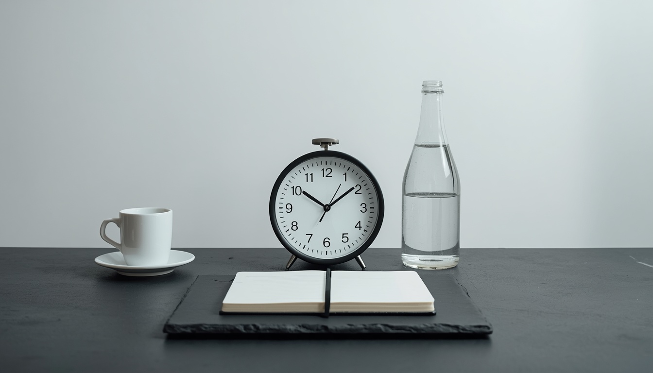 An analog clock pointing to 2 AM alongside a bottle of water on a modern dark table, illustrating circadian-focused fasting.