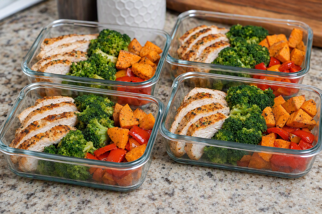 Assorted prepped meals in glass containers labeled for the fridge and freezer