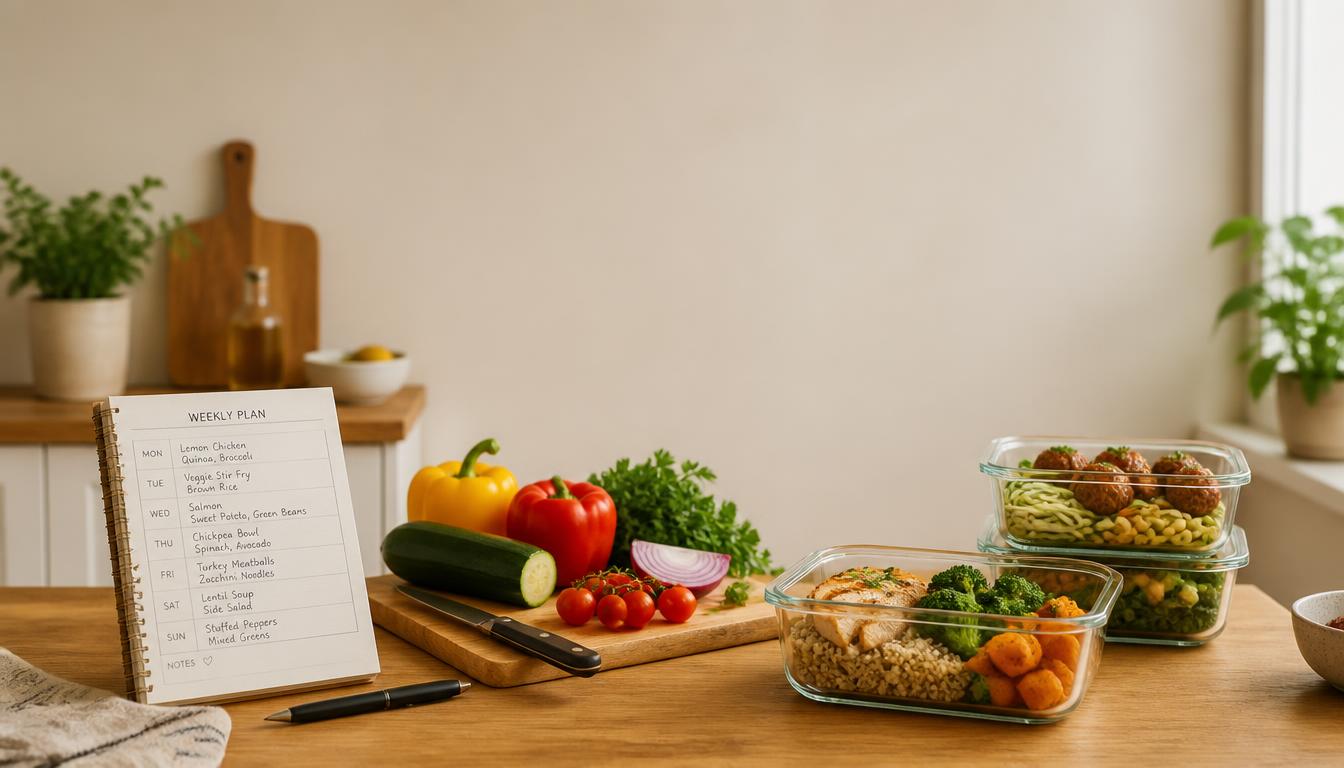 Clean kitchen table with meal planning materials and fresh ingredients for one