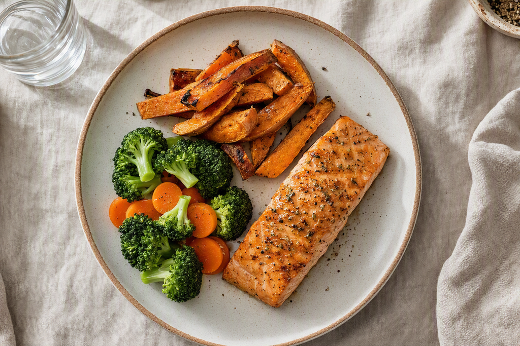 Colorful plate of a moderate low-carb meal featuring salmon, roasted sweet potato, and steamed vegetables, illustrating a flexible long-term dietary alternative