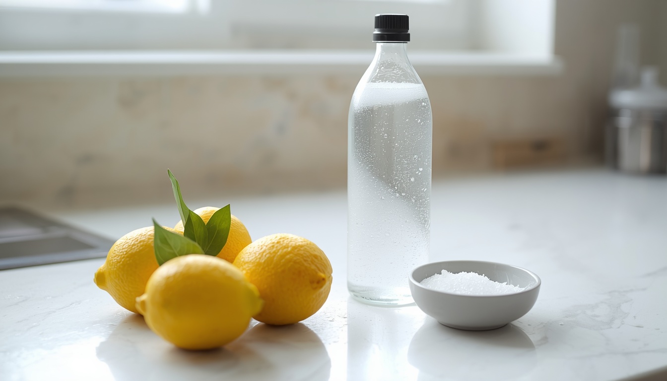 Fresh lemons mineral water and sea salt on a clean kitchen counter symbolizing natural recovery from carbohydrate transition side effects
