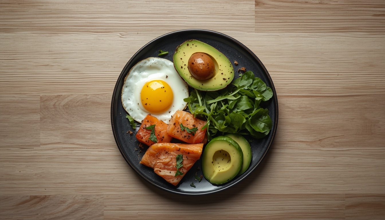 Overhead flat-lay of a ketogenic meal with avocado, eggs, salmon, and leafy greens on a wood table