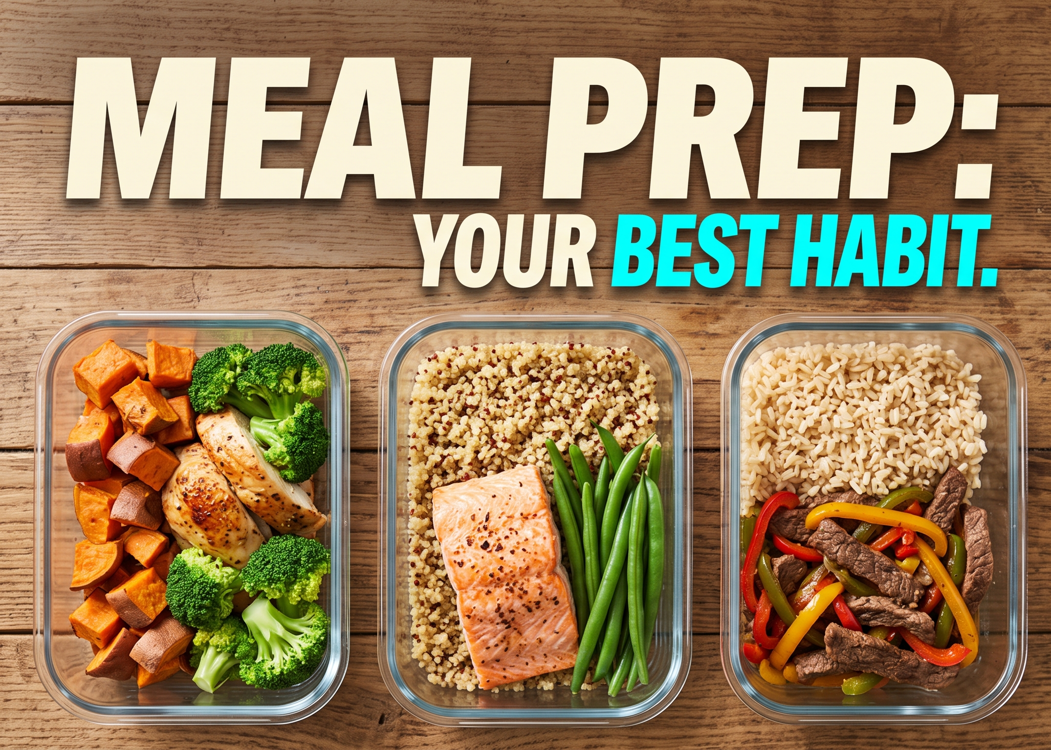 Three glass meal prep containers filled with colorful healthy ingredients on a bright surface