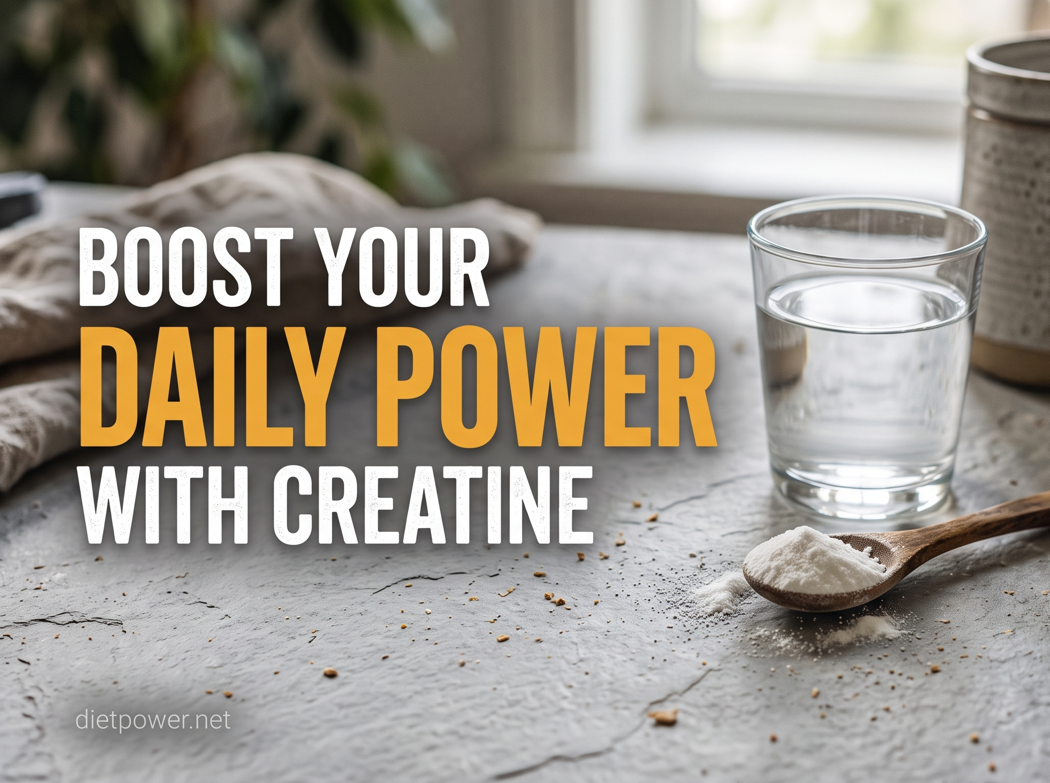 A clean composition of water and raw white supplement powder on a slate background