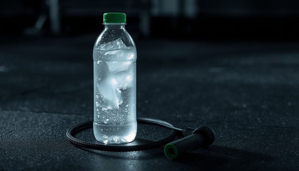 Intermittent Fasting and Exercise: The Complete Guide to Timing Workouts Around Your Eating Window 2 A glass bottle of water and electrolytes on a gym floor showing hydration during intermittent fasting and exercise