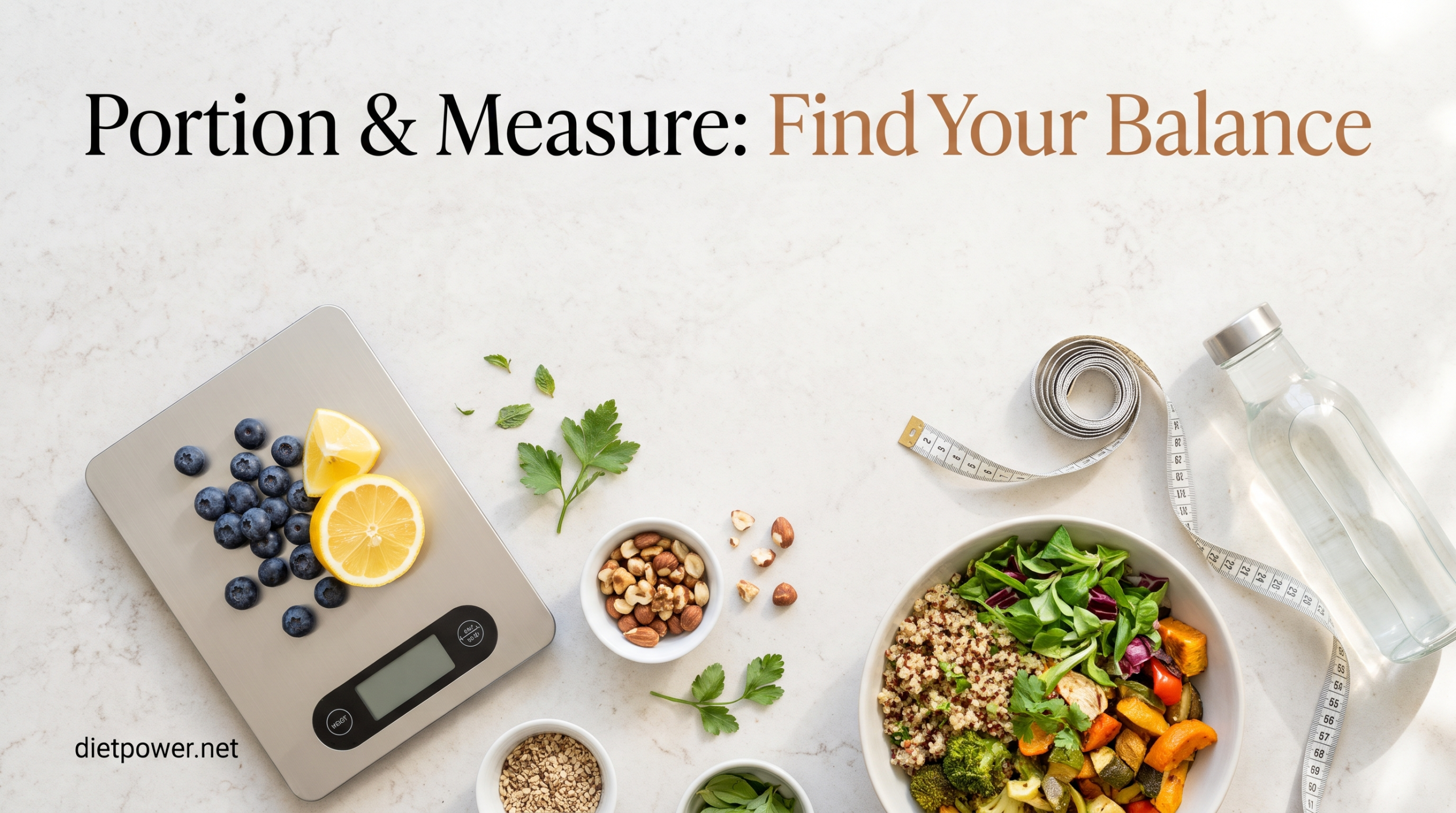 A healthy lifestyle flatlay with a kitchen scale body measuring tape and fresh water bottle