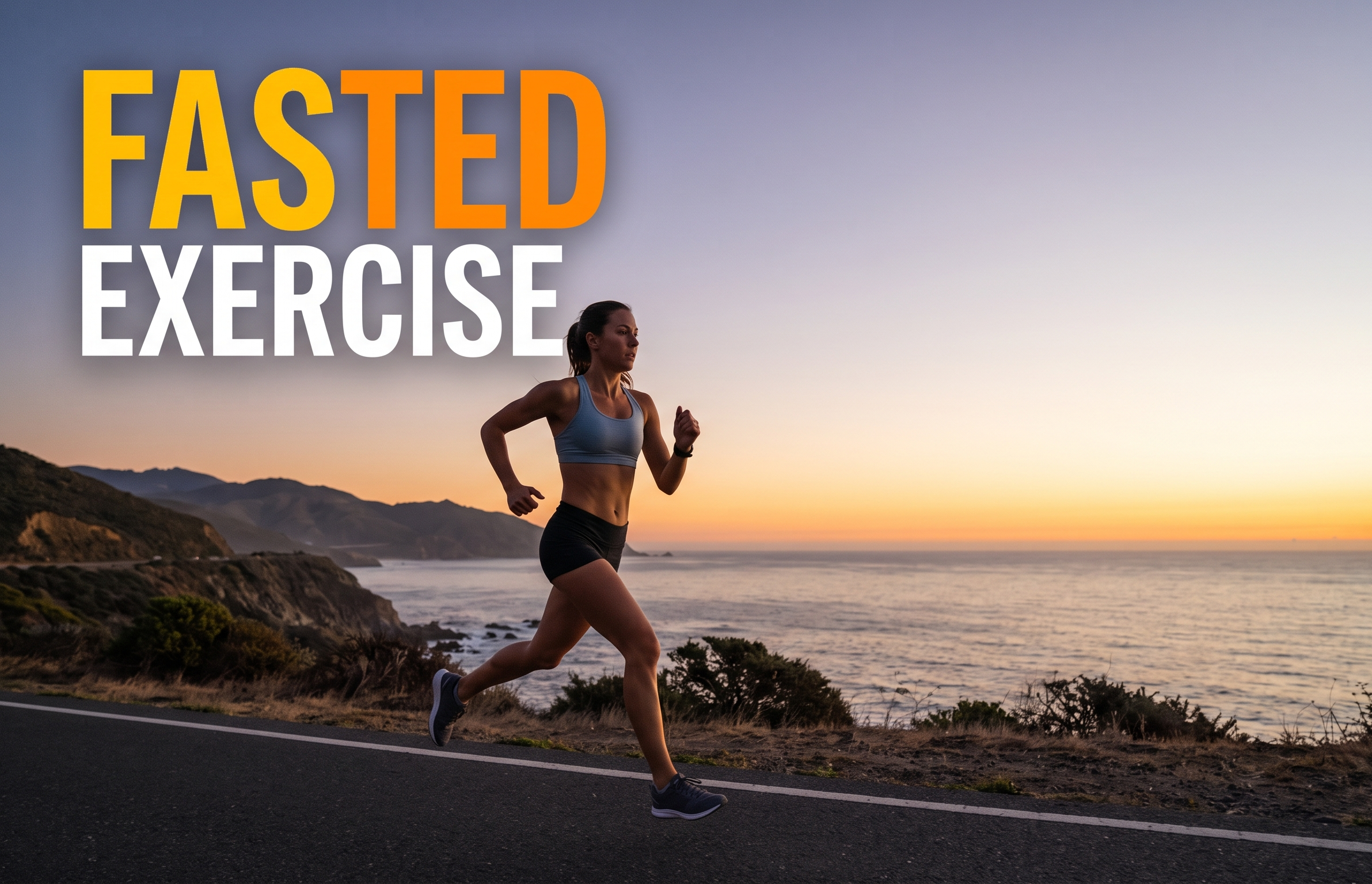 A runner training on a beautiful coastal road at dawn showcasing the concept of intermittent fasting and exercise