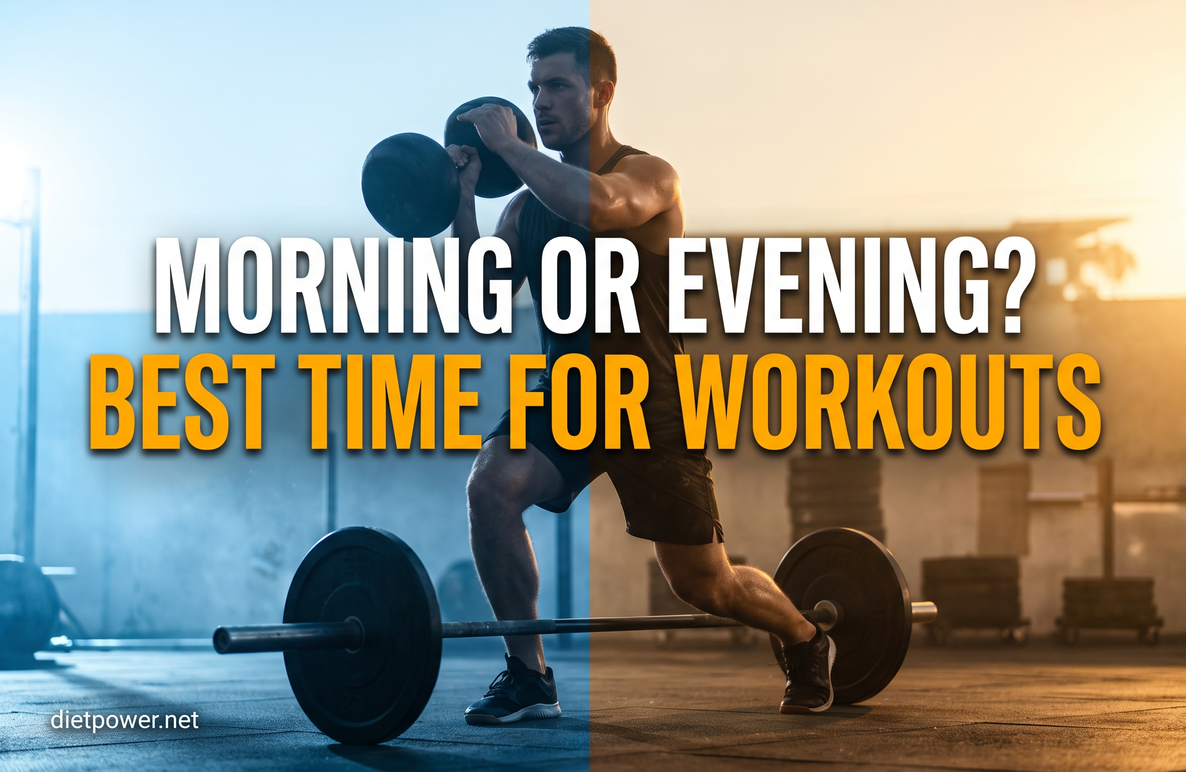A split visual of morning and evening workout settings representing nutrient timing for fasted lifters