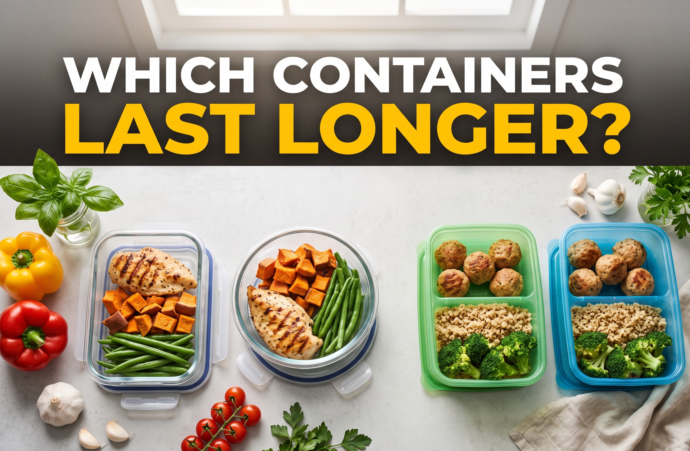 Top down view comparing glass and plastic meal prep containers on a wooden kitchen surface
